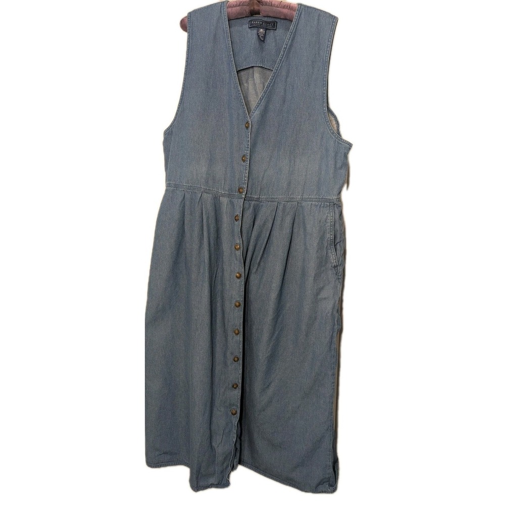 Karen Scott Dress Womens Medium Blue Denim Pleated Button Up Pockets Cottagecore
